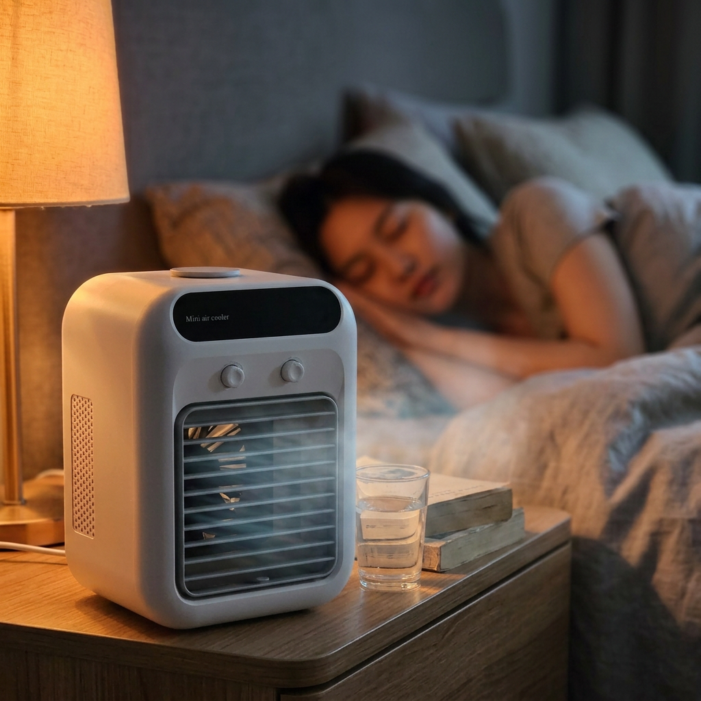 Frezoro Portable Cooling Fan on a bedside table in a calm bedroom