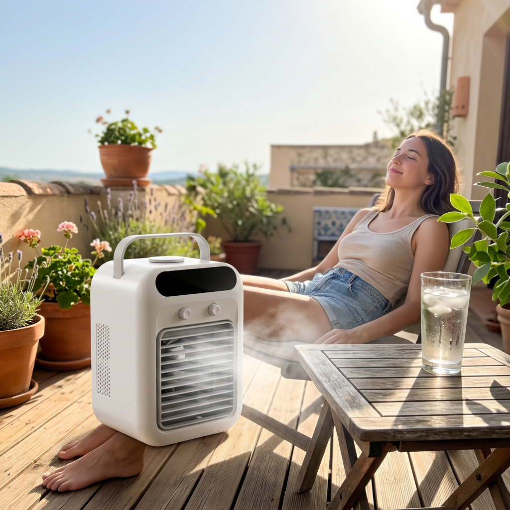 Frezoro Portable Cooling Fan misting on an outdoor patio on a hot summer day